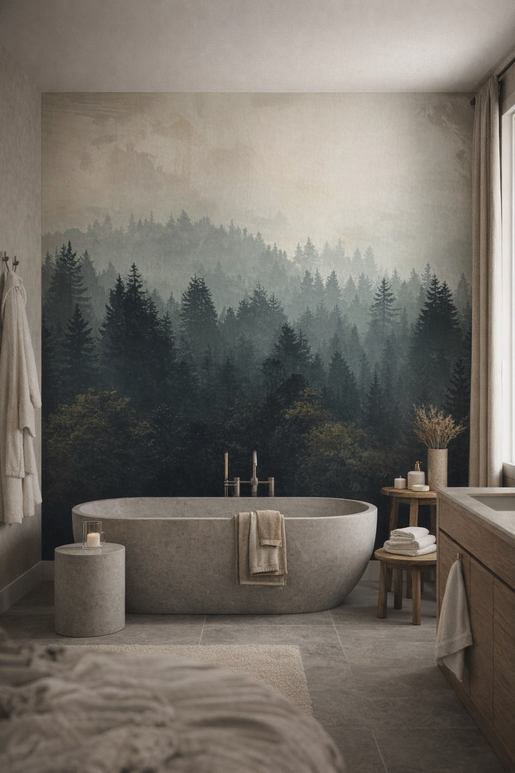Organic Modern cream-toned misty forest featuring fog - Wall Mural Peel and Stick Wallpaper for Organic Modern Luxury Bathroom.
