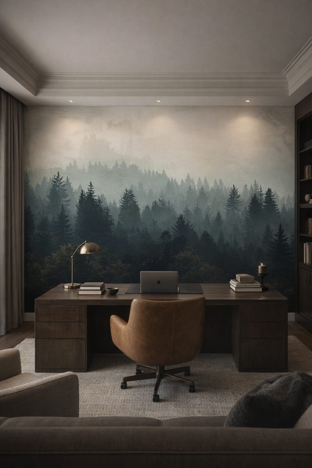 Quiet Luxury greige misty forest featuring fog - Wall Mural Peel and Stick Wallpaper for Quiet Luxury Executive Home Office.