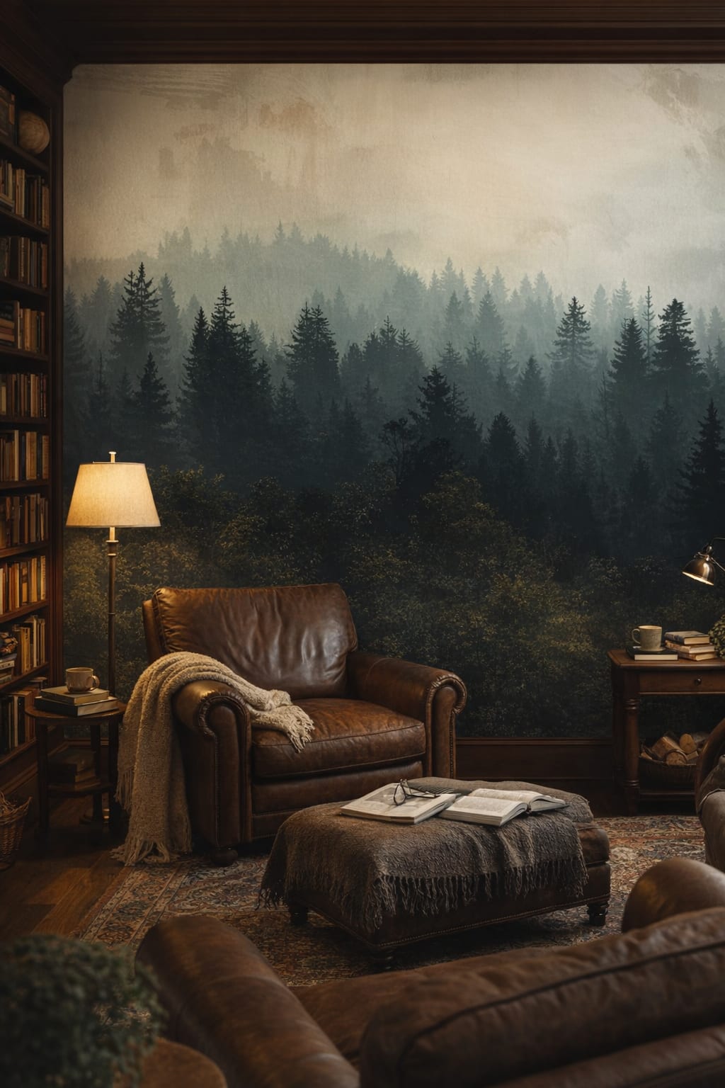 Cabin / Lodge brown-green misty forest featuring fog - Wall Mural Peel and Stick Wallpaper for Cabin / Lodge Library / Reading Room.