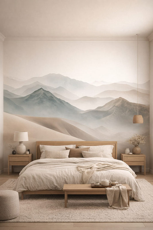 Japandi minimal sand-toned misty mountain landscape featuring layered mountains - Wall Mural Peel and Stick Wallpaper for Japandi Master Bedroom.