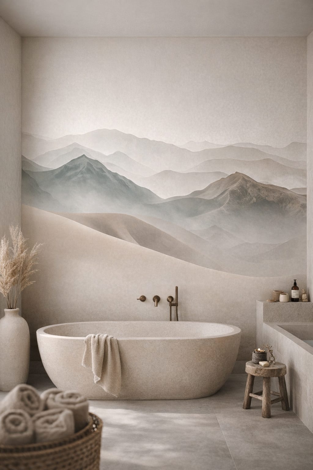 Wabi-sabi muted earth tones misty mountain landscape featuring layered mountains - Wall Mural Peel and Stick Wallpaper for Wabi-sabi Luxury Bathroom.