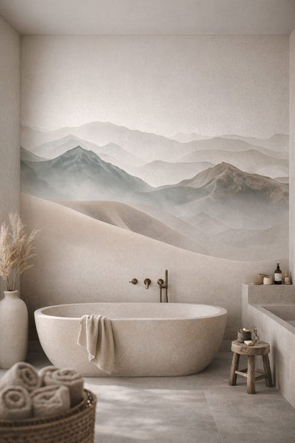 Wabi-sabi muted earth tones misty mountain landscape featuring layered mountains - Wall Mural Peel and Stick Wallpaper for Wabi-sabi Luxury Bathroom.