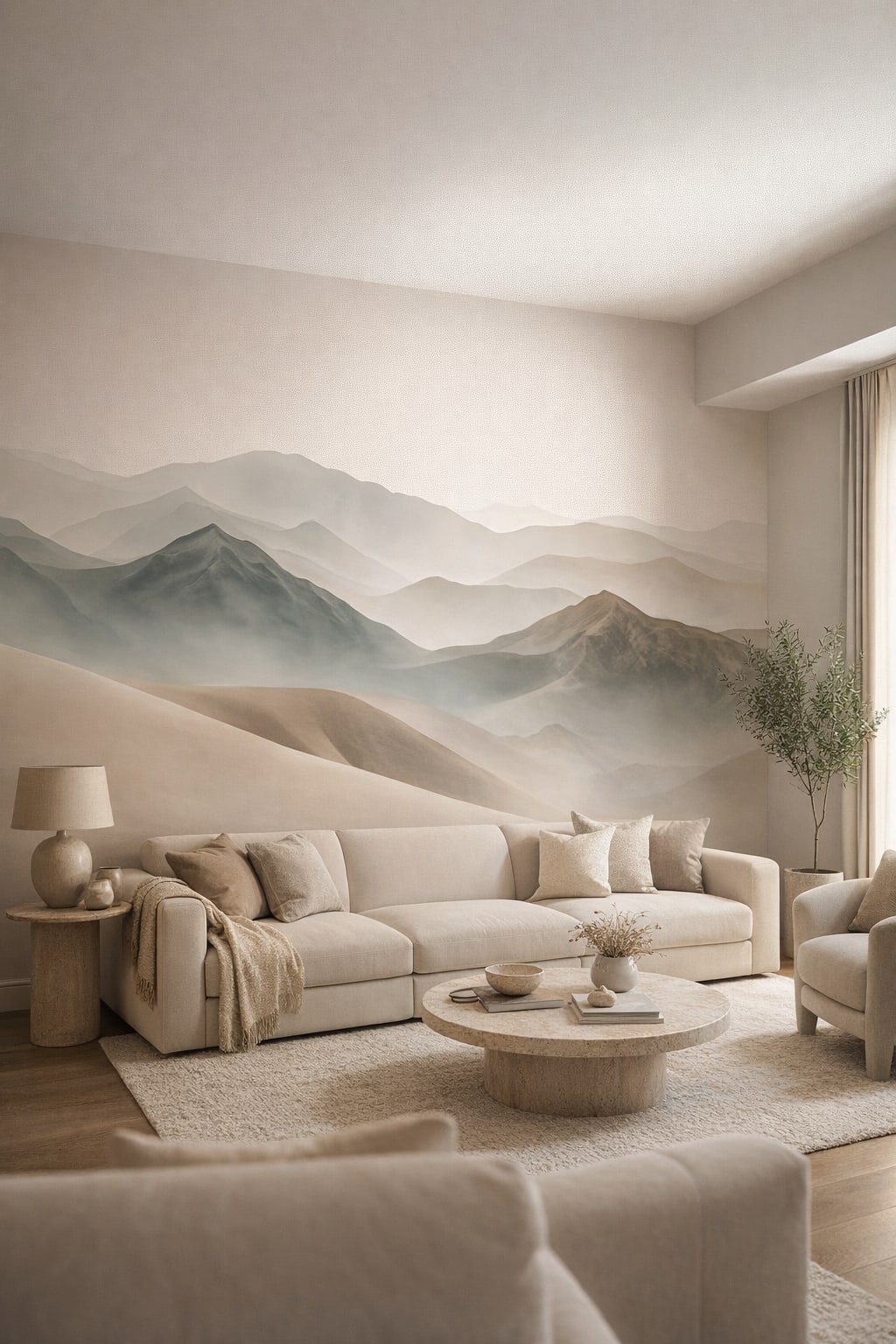 Cream Organic Modern misty mountain landscape featuring layered mountains - Wall Mural Peel and Stick Wallpaper for Organic Modern Living Room.