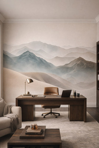 Quiet Luxury greige misty mountain landscape featuring layered mountains - Wall Mural Peel and Stick Wallpaper for Quiet Luxury Executive Home Office.