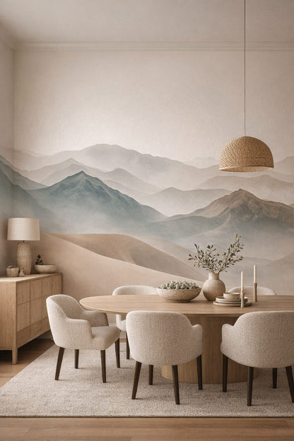Mediterranean Modern sand-white misty mountain landscape featuring layered mountains - Wall Mural Peel and Stick Wallpaper for Mediterranean Modern Formal Dining Room.