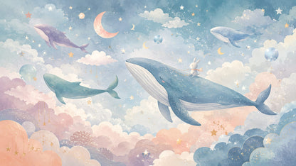 Dreamy Watercolor Blue Whale featuring celestial motifs and bunny - Wall Mural & Peel and Stick Wallpaper for Watercolor Nursery or Kids Room