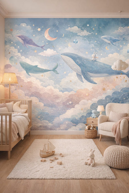 White birch whale featuring bunny - Wall Mural Peel and Stick Wallpaper for Scandi Kids Nursery.