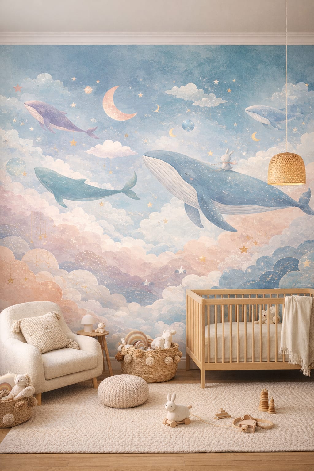 Whimsical Boho cream whale featuring bunny - Wall Mural Peel and Stick Wallpaper for Whimsical Boho Nursery.