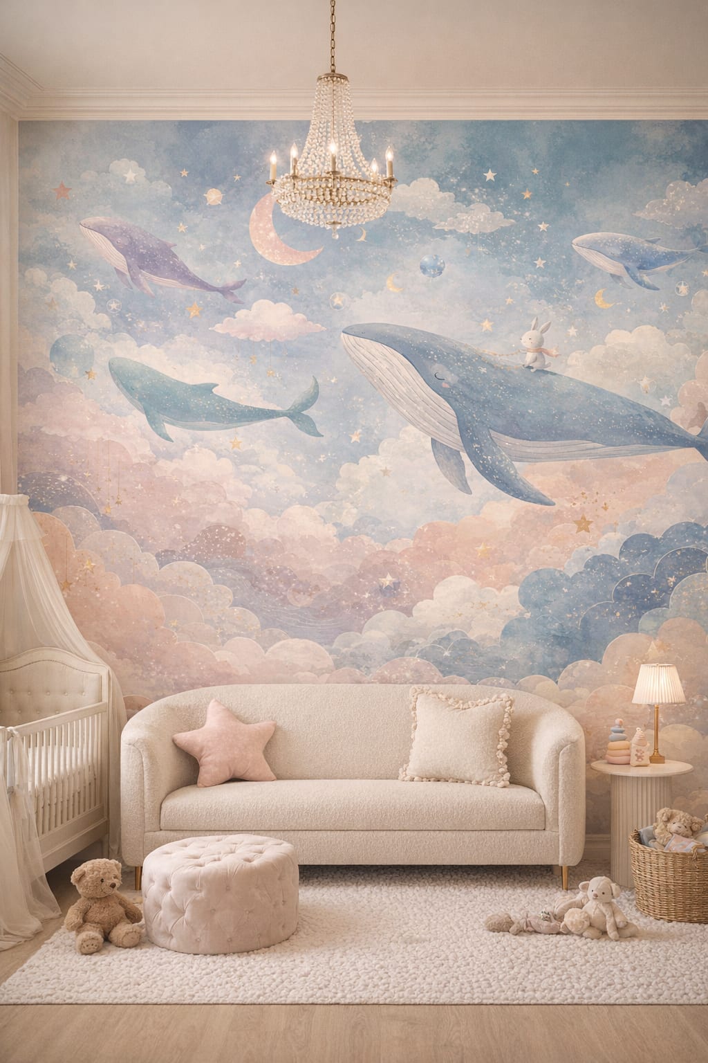Blush-glam whale featuring bunny - Wall Mural Peel and Stick Wallpaper for Pastel Glam Nursery Nursery.