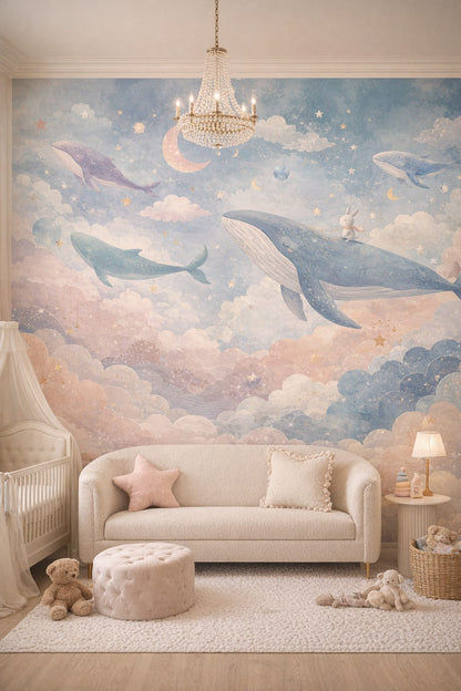 Blush-glam whale featuring bunny - Wall Mural Peel and Stick Wallpaper for Pastel Glam Nursery Nursery.