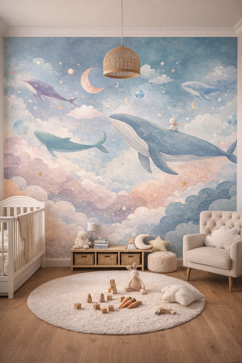 Classic Storybook dusty rose whale featuring bunny - Wall Mural Peel and Stick Wallpaper for Classic Storybook Nursery.