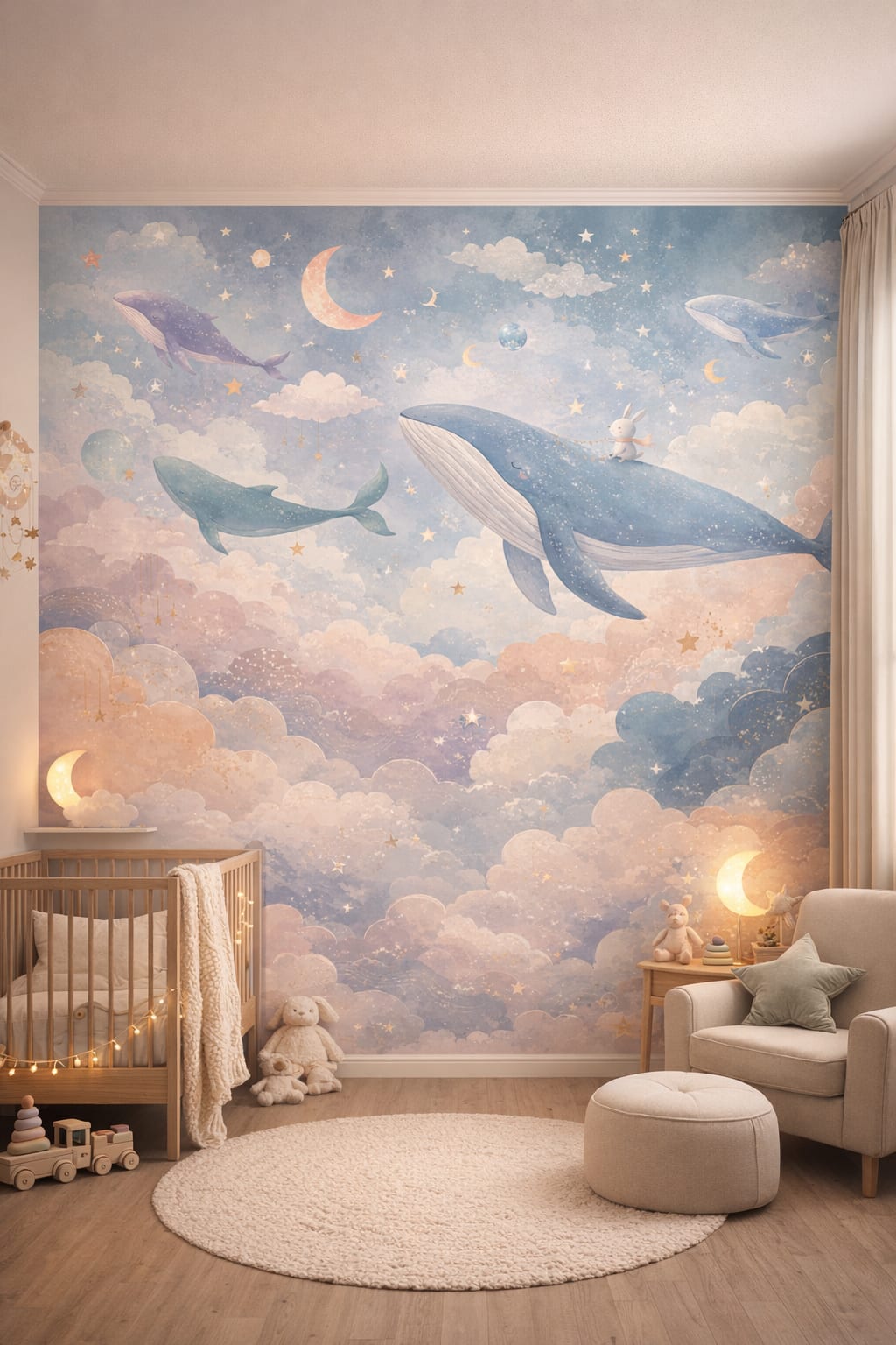 Navy celestial whale featuring bunny - Wall Mural Peel and Stick Wallpaper for Outer Space / Celestial Nursery.