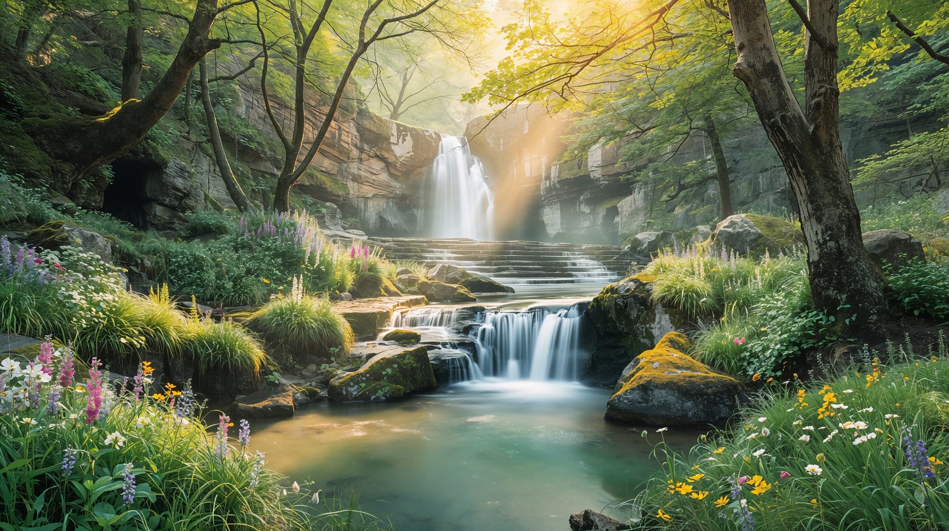 Atmospheric tranquil Sage Green waterfall featuring forest landscape, wildflowers, and rock formations - Wall Mural & Peel and Stick Wallpaper for Painterly Interiors and Premium Home Styling