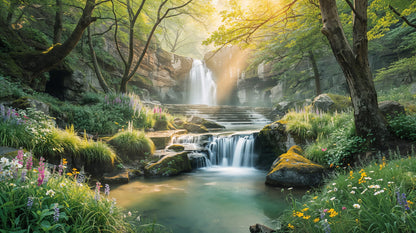 Atmospheric tranquil Sage Green waterfall featuring forest landscape, wildflowers, and rock formations - Wall Mural & Peel and Stick Wallpaper for Painterly Interiors and Premium Home Styling