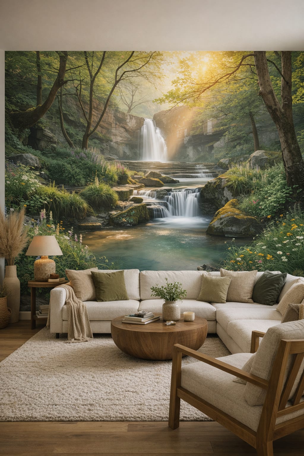 Modern cream waterfall featuring wildflowers - Wall Mural Peel and Stick Wallpaper for Organic Modern Living Room.
