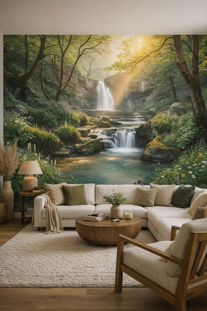 Modern cream waterfall featuring wildflowers - Wall Mural Peel and Stick Wallpaper for Organic Modern Living Room.