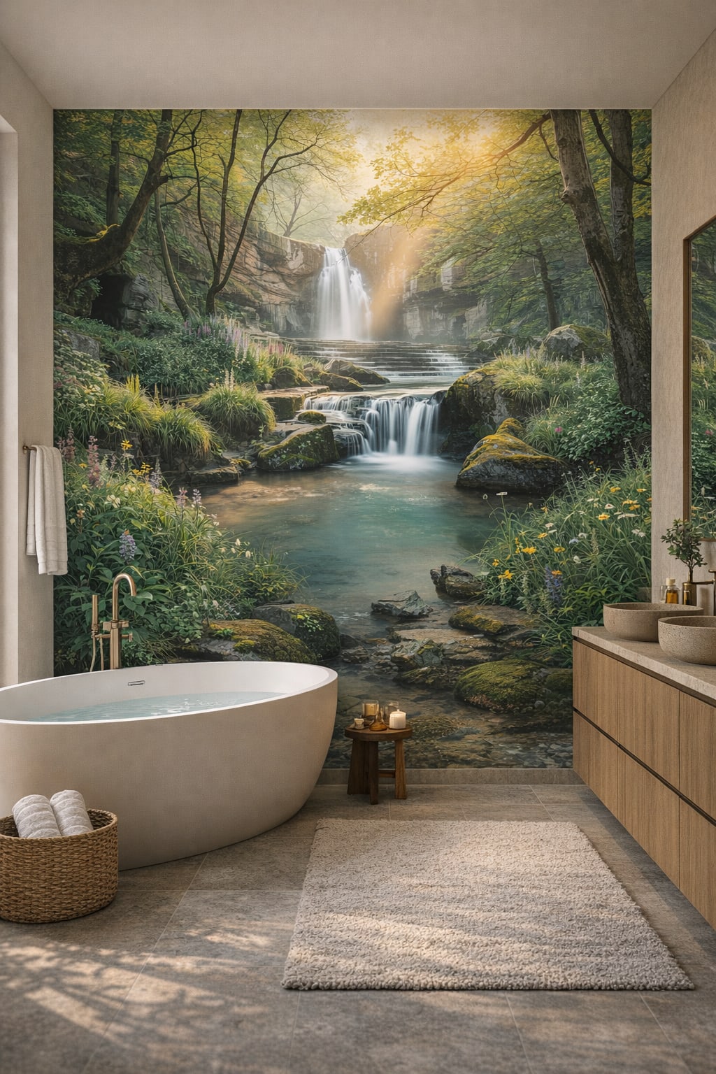 Zen neutral waterfall featuring wildflowers - Wall Mural Peel and Stick Wallpaper for Zen Luxury Bathroom.
