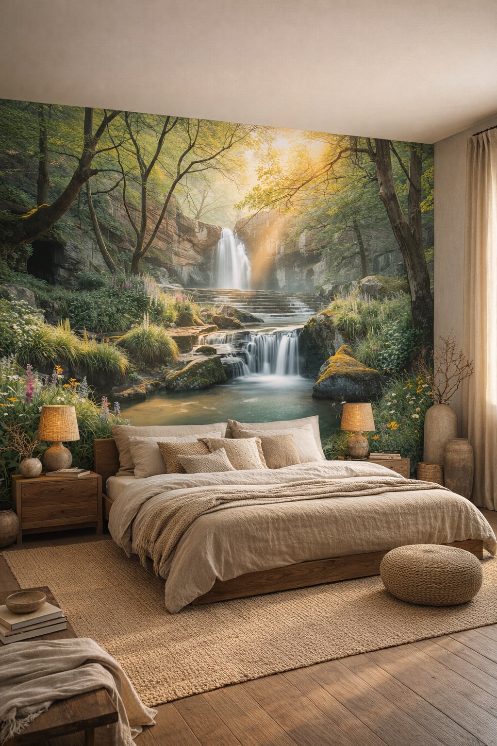 Organic earthy waterfall featuring forest landscape - Wall Mural Peel and Stick Wallpaper for Wabi-sabi Master Bedroom.
