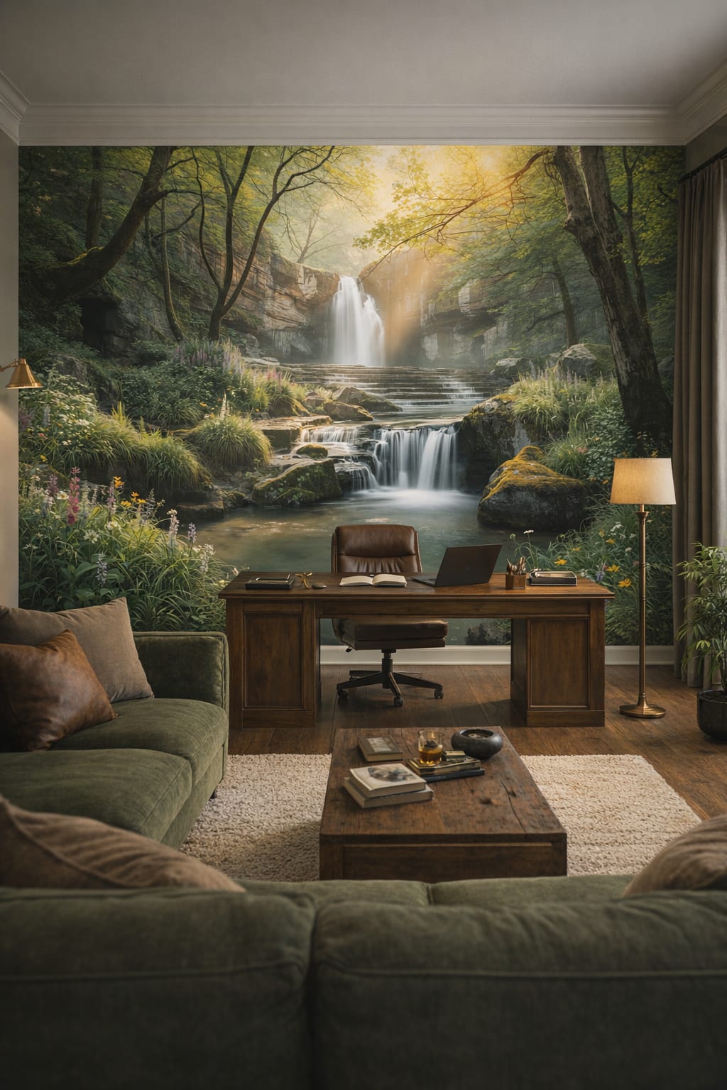 Rustic sand waterfall featuring wildflowers - Wall Mural Peel and Stick Wallpaper for Rustic Modern Executive Home Office.