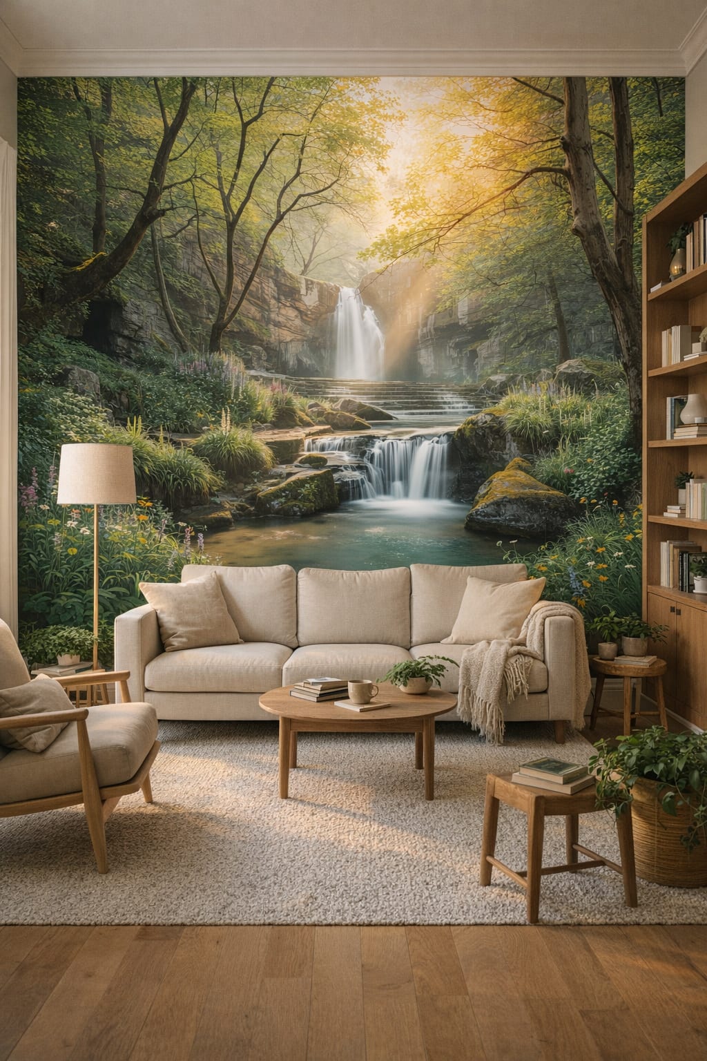 Scandinavian white waterfall featuring rock formations - Wall Mural Peel and Stick Wallpaper for Scandinavian Reading Room