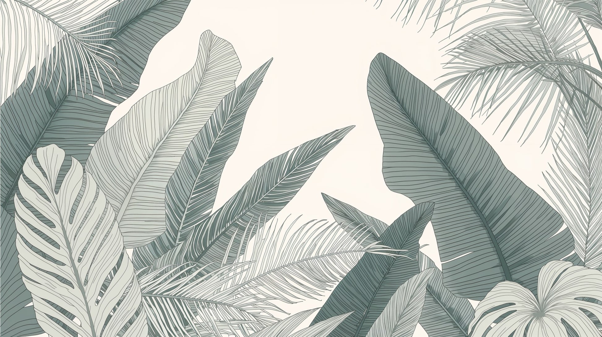 Airy refined Sage Green tropical leaves featuring fine linework - Wall Mural & Peel and Stick Wallpaper for Modern Interiors and Premium Home Styling