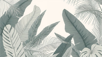 Airy refined Sage Green tropical leaves featuring fine linework - Wall Mural & Peel and Stick Wallpaper for Modern Interiors and Premium Home Styling