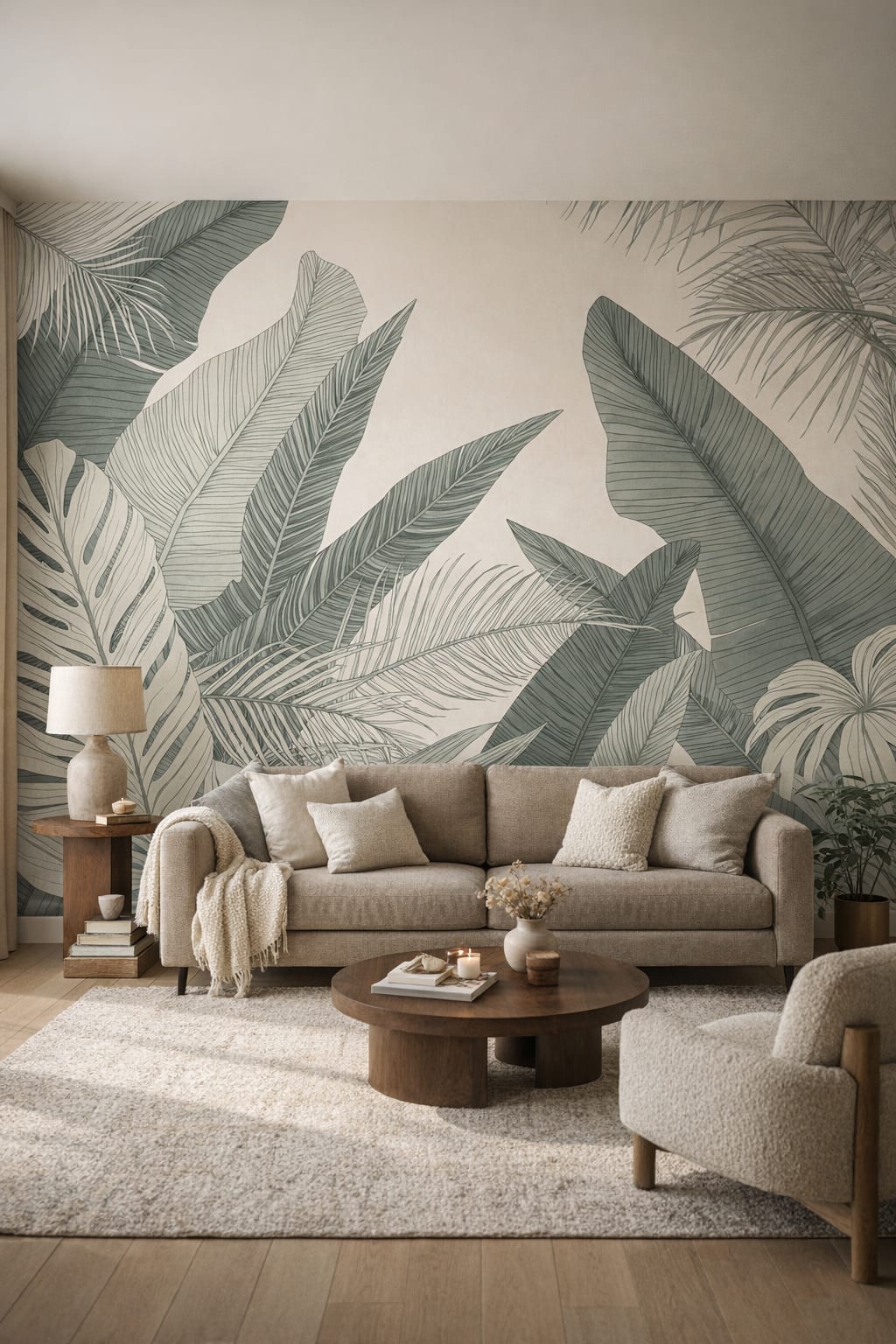 Cream Olive tropical leaves - Wall Mural Peel and Stick Wallpaper for Organic Modern Living Room.