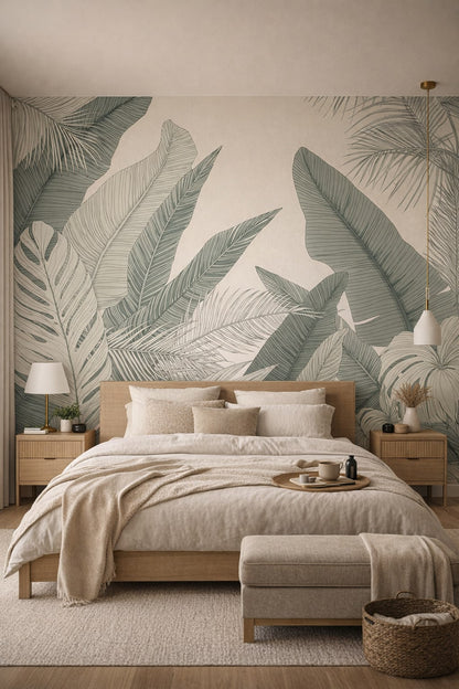 Japandi sand tropical leaves - Wall Mural Peel and Stick Wallpaper for Japandi Master Bedroom.