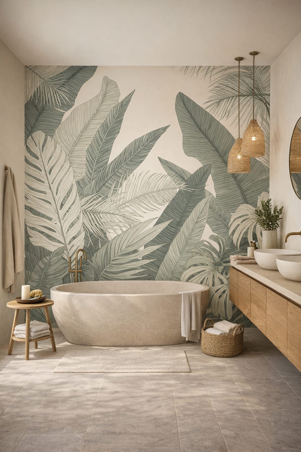 Modern green tropical leaves - Wall Mural Peel and Stick Wallpaper for Tropical Modern Luxury Bathroom.