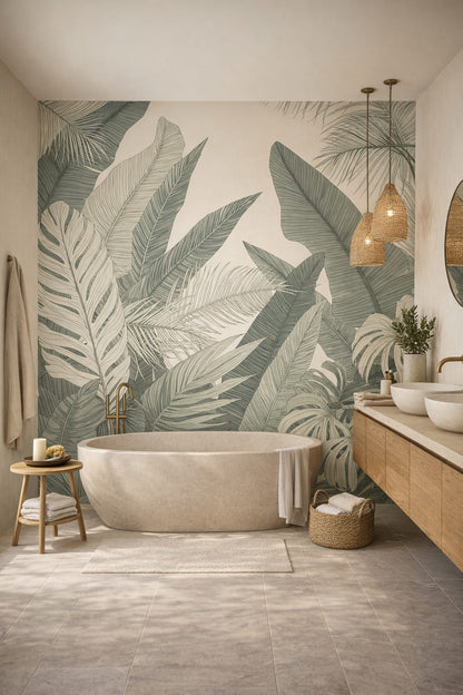 Modern green tropical leaves - Wall Mural Peel and Stick Wallpaper for Tropical Modern Luxury Bathroom.