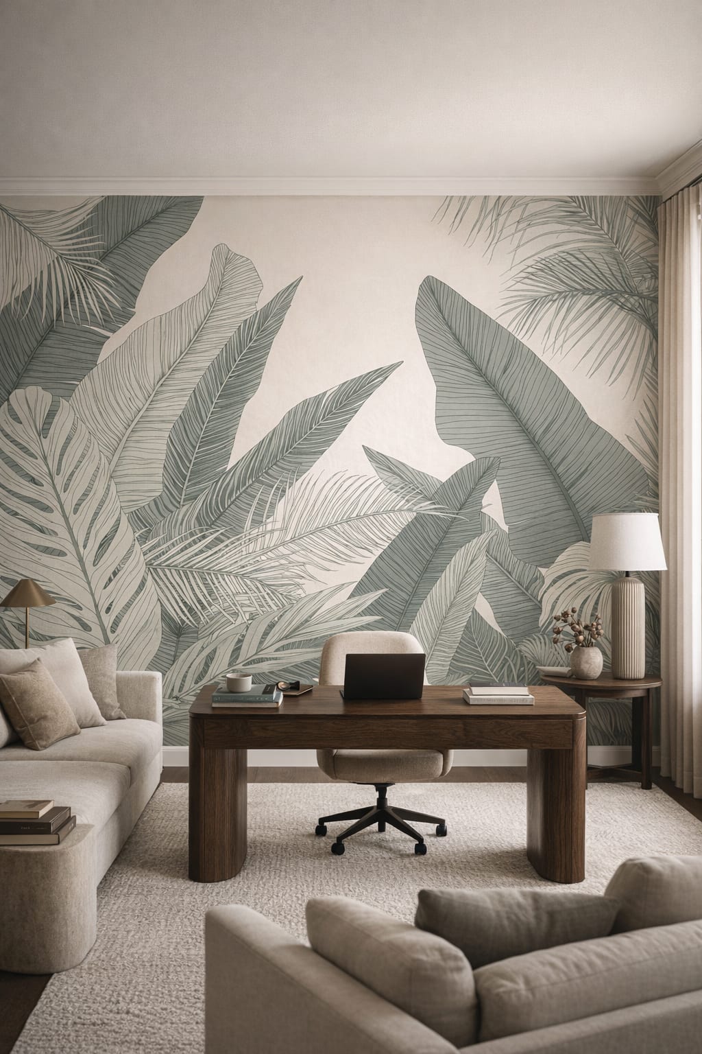 Quiet Luxury greige tropical leaves - Wall Mural Peel and Stick Wallpaper for Quiet Luxury Executive Home Office.