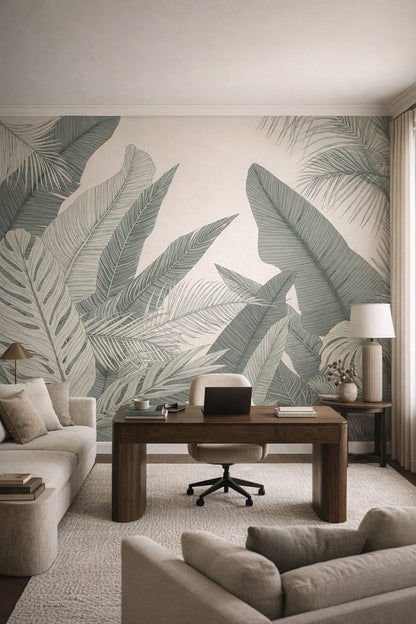 Quiet Luxury greige tropical leaves - Wall Mural Peel and Stick Wallpaper for Quiet Luxury Executive Home Office.