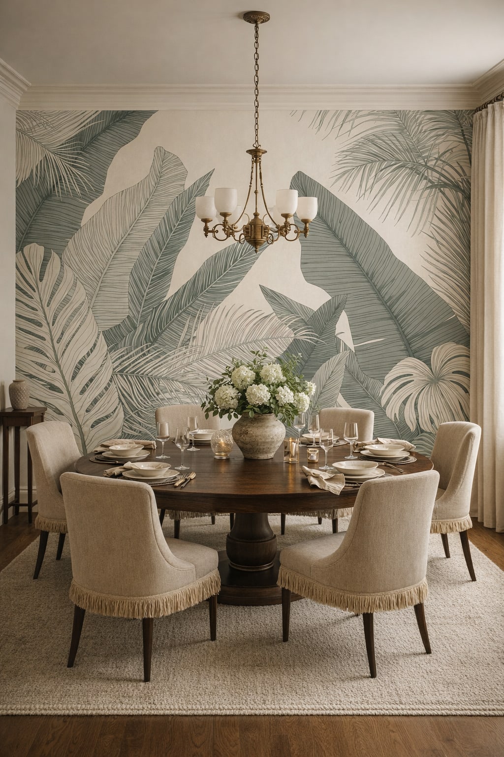 Curvilinear green tropical leaves - Wall Mural Peel and Stick Wallpaper for Art Nouveau Formal Dining Room.