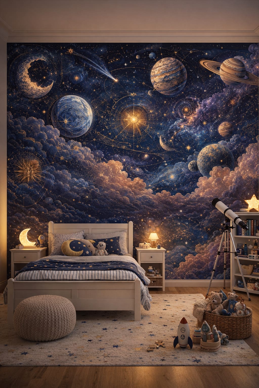 Navy celestial celestial space featuring constellation charts - Wall Mural Peel and Stick Wallpaper for Outer Space / Celestial Kids Bedroom.