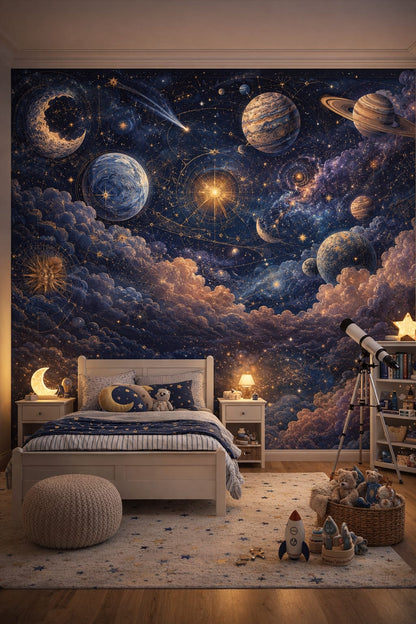 Navy celestial celestial space featuring constellation charts - Wall Mural Peel and Stick Wallpaper for Outer Space / Celestial Kids Bedroom.