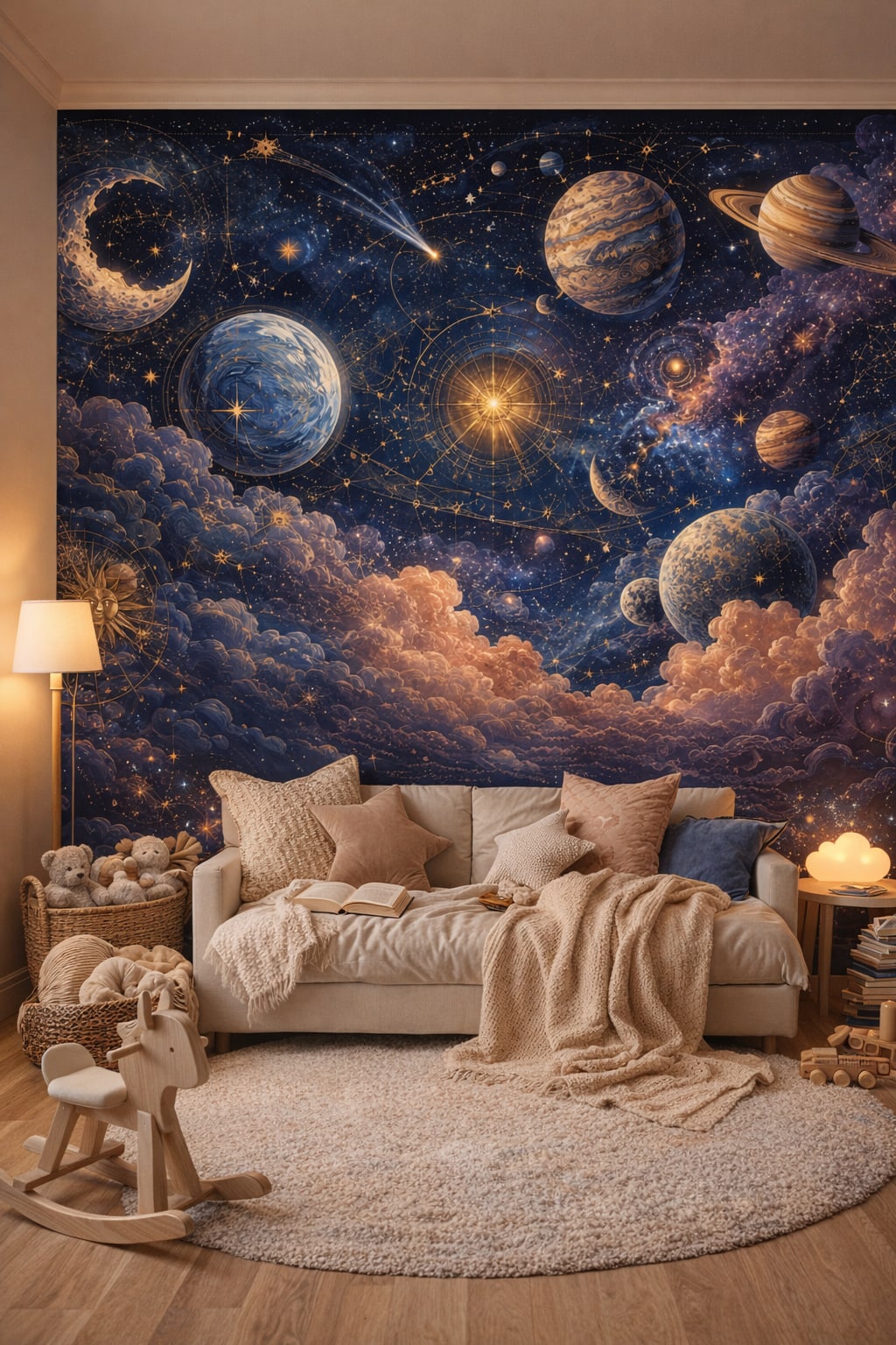 White birch celestial space featuring constellation charts - Wall Mural Peel and Stick Wallpaper for Scandi Kids Reading Corner.