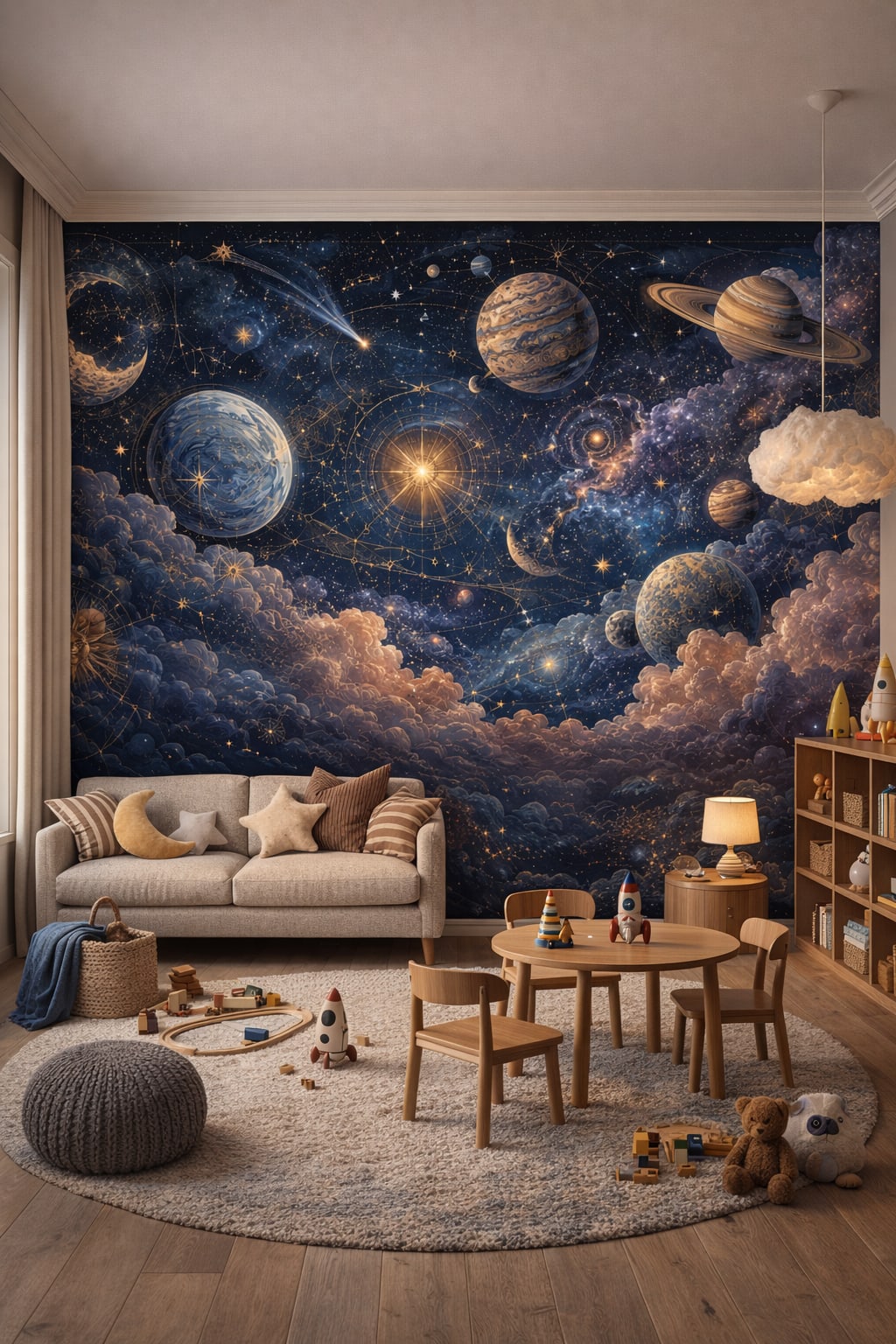 Mid-century Kids teal celestial space featuring constellation charts - Wall Mural Peel and Stick Wallpaper for Mid-century Kids Playroom.