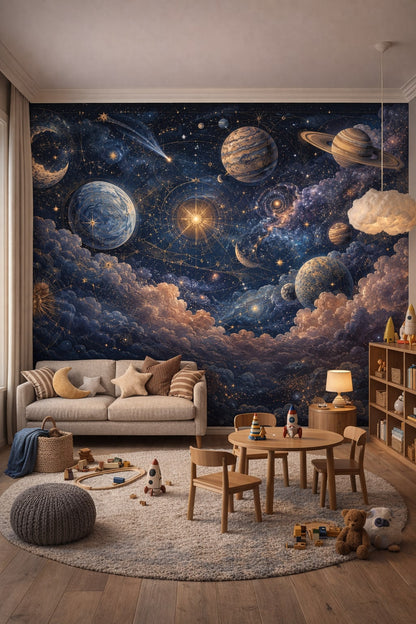 Mid-century Kids teal celestial space featuring constellation charts - Wall Mural Peel and Stick Wallpaper for Mid-century Kids Playroom.