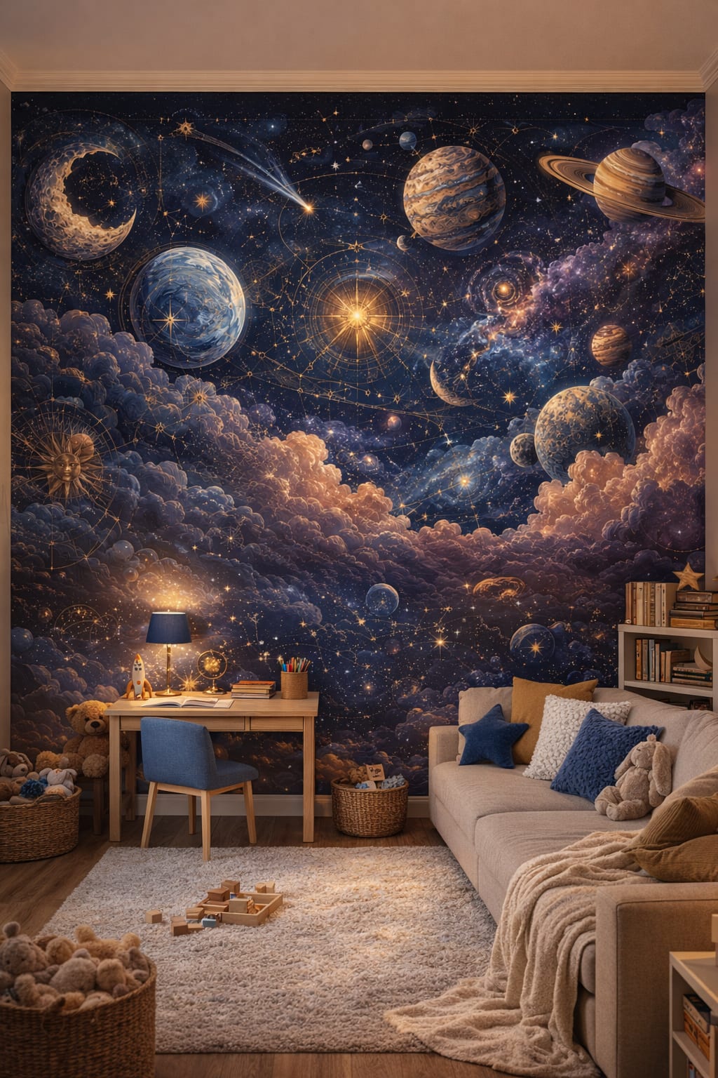 Contemporary yellow celestial space featuring constellation charts - Wall Mural Peel and Stick Wallpaper for Gender-Neutral Contemporary Homework / Study Corner.