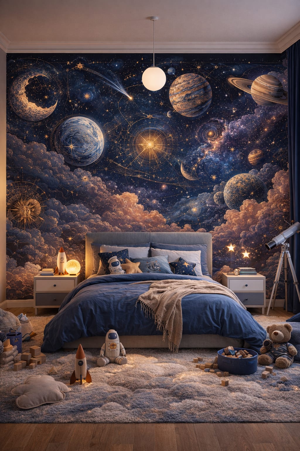 Space Age white-and-orange celestial space featuring constellation charts - Wall Mural Peel and Stick Wallpaper for Space Age Kids Bedroom.