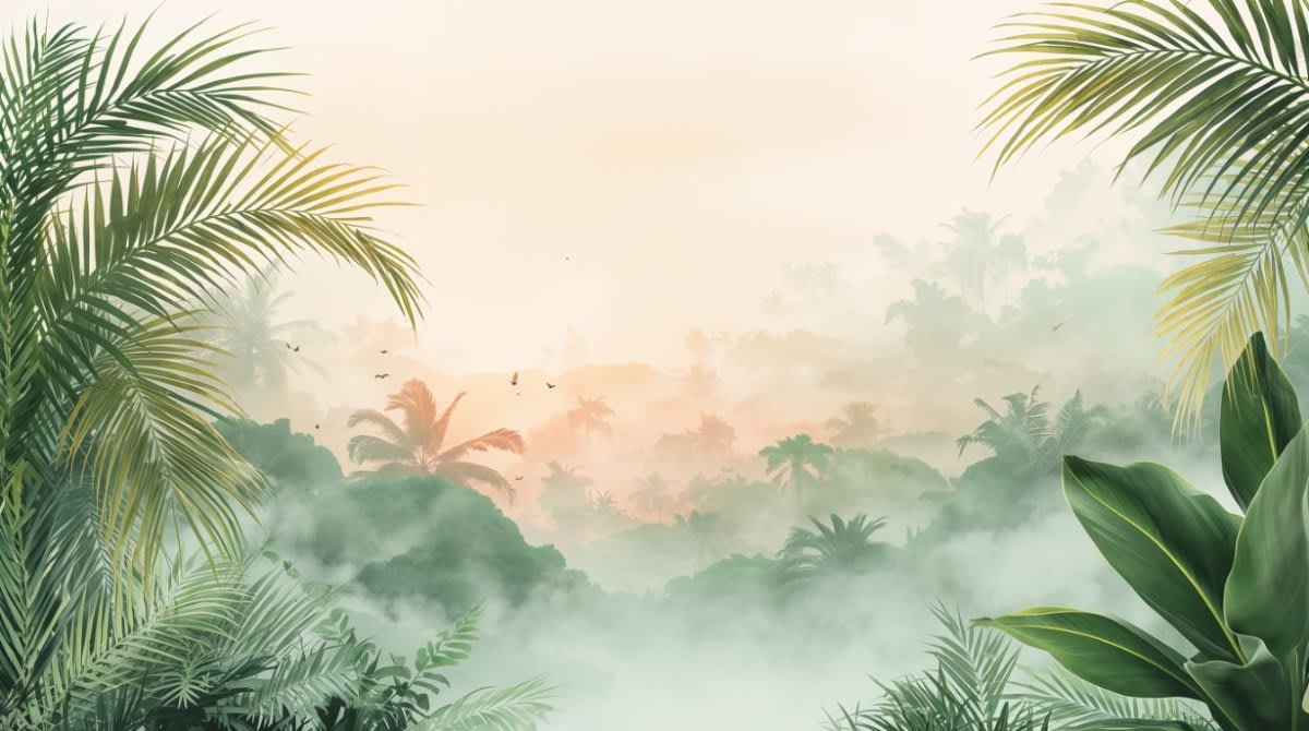 Serene Airy Sage Green tropical jungle landscape featuring palm fronds and a misty horizon - Wall Mural & Peel and Stick Wallpaper for Watercolor Interiors and Premium Home Styling.