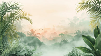 Serene Airy Sage Green tropical jungle landscape featuring palm fronds and a misty horizon - Wall Mural & Peel and Stick Wallpaper for Watercolor Interiors and Premium Home Styling.