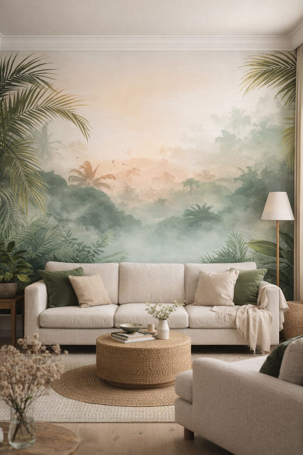 Green-neutral biophilic tropical jungle landscape featuring palm fronds - Wall Mural Peel and Stick Wallpaper for Biophilic Design Living Room.