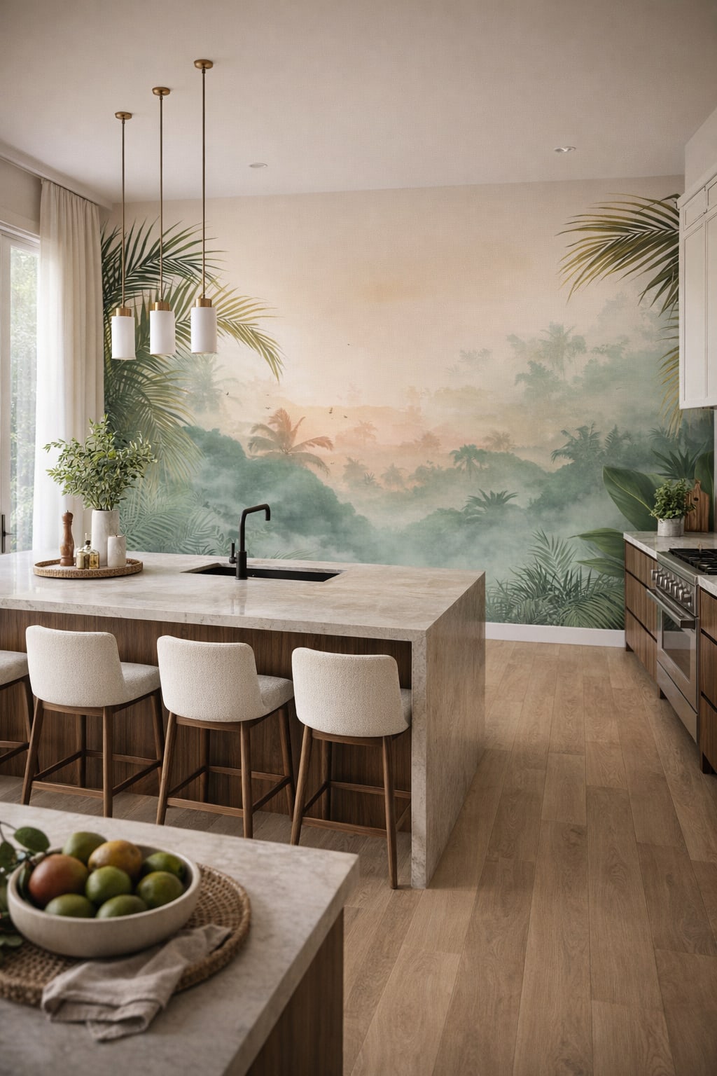 White-green Tropical Modern tropical jungle landscape featuring palm fronds - Wall Mural Peel and Stick Wallpaper for Tropical Modern High-end Kitchen.