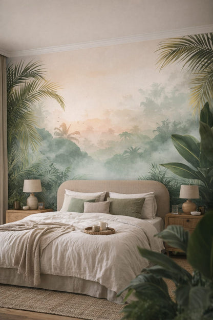 Resort Style sand-white tropical jungle landscape featuring palm fronds - Wall Mural Peel and Stick Wallpaper for Resort Style Master Bedroom.