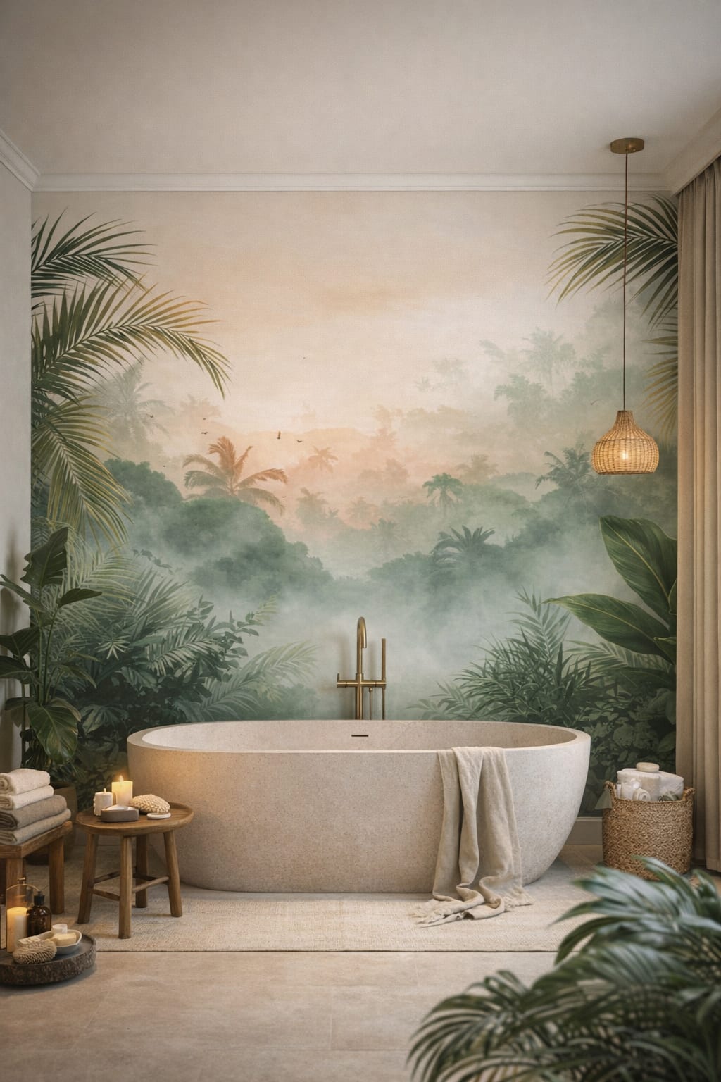 Organic Modern cream - tropical jungle landscape featuring palm fronds - Wall Mural Peel and Stick Wallpaper for Organic Modern Luxury Bathroom.