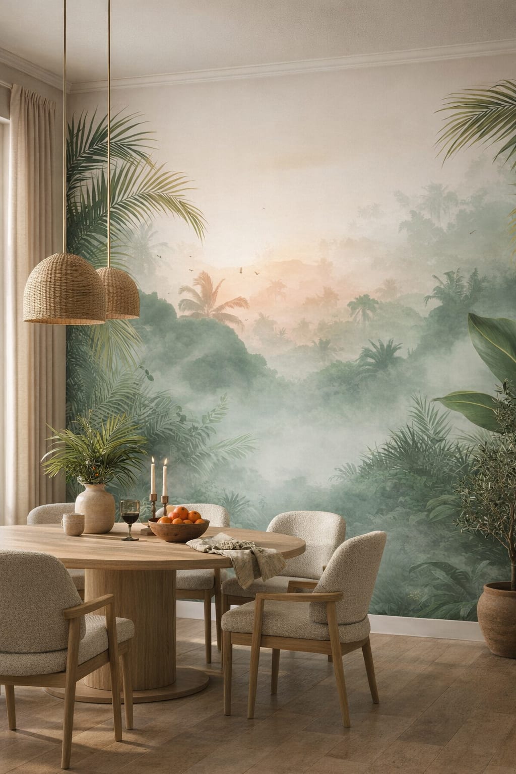 Mediterranean Modern sand-toned tropical jungle landscape featuring palm fronds - Wall Mural Peel and Stick Wallpaper for Mediterranean Modern Dining Room.