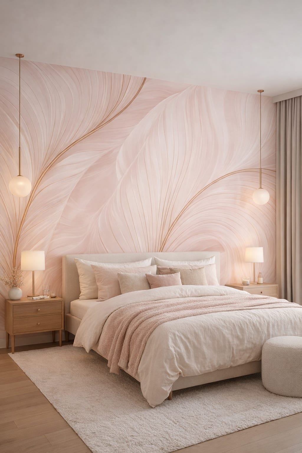 Quiet Luxury greige - Blush abstract feather-line pattern - Wall Mural Peel and Stick Wallpaper for Quiet Luxury Master Bedroom.