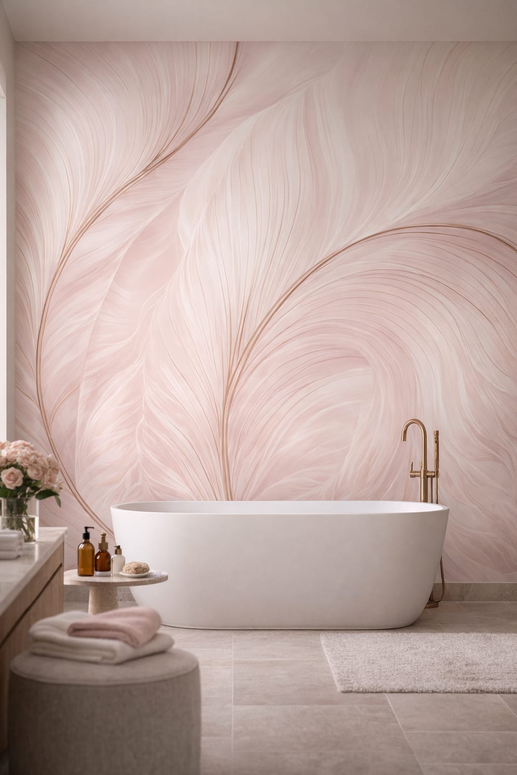 Luxury Contemporary blush-neutral Feather plume pattern - Wall Mural Peel and Stick Wallpaper for Luxury Contemporary Luxury Bathroom.
