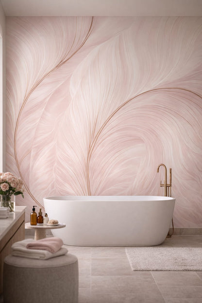 Luxury Contemporary blush-neutral Feather plume pattern - Wall Mural Peel and Stick Wallpaper for Luxury Contemporary Luxury Bathroom.